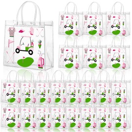 Sweetude 24 Pieces Golf Gift Goodie Bags with Handles 8x8x3.15 Inch Pink and Green PVC Golf Theme Party Favor Clear Treat Bags Bulk for Sports Party Competition Team Birthday Gifts
