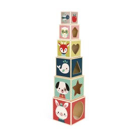 Janod - Baby Forest 6-Cube Wooden Pyramid - Early Learning Toy - Stacking and Building Toy - Fine Motor Skills and Manipulation - from 1 Year Old, J08016
