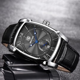 BENYAR Waterproof Classic Rectangle Case Vintage Design Watches Leather Strap Business Casual Wrist Watch for Men (Black-B)