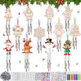 HEYIDAMAI 12 Pieces Wind Chime Craft Set Children, Christmas Crafts, DIY Wooden Pendants Christmas for Painting, Christmas Decoration Wood, Wood Crafts Children Christmas