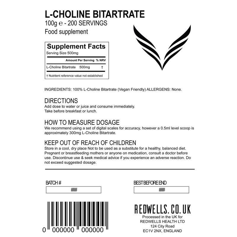 Choline Bitartrate Powder REDWELLS Cognitive Enhancer GMO Free Vegan -