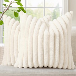 decorUhome Faux Fur Christmas Throw Pillow Covers 18x18 Set of 2, Decorative Soft Plush Striped Neutral Couch Euro Pillow Covers with Velvet Back for Sofa, Bed, Living Room Home Decor, Cream White
