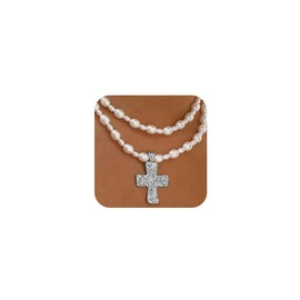 Chunky Gold Hammered Cross Beaded Pearls Necklace for Women Statement Bold Silver Cross Pendant Vintage Y2K Pearl Choker Necklaces Religious Jewelry (Silver)