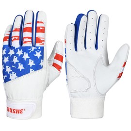 Hushe' American Flag Baseball Batting Gloves USA Flag Baseball Batting Gloves for Youth Adult & Unisex (White) (Medium, Adult)