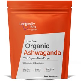 Longevity Box Ultra Pure Organic Ashwagandha Capsules 1000mg | 120 Vegan Capsules | Full Spectrum Root Extract - Ashwaganda Complex Supplement (not Ashwagandha Tablets) - Non-GMO & Made in The UK