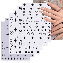 6Pcs Star Nail Art Stickers 3D Self-Adhesive Star Nail Decals Cute Heart Bowknot Star Nail Art Designs Star Nail Art Supplies Black White Star Nail Stickers for Women Nail Art Decoations