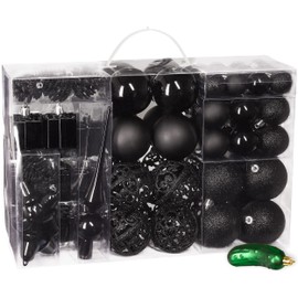 BRUBAKER 101 Pack Assorted Christmas Ball Ornaments - Shatterproof - with Green Pickle and Tree Topper - Designed in Germany - Black