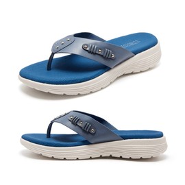 LRECHEU Sandalias de cuña para mujer, plantilla de espuma viscoelástica con soporte de arco para pies planos, cómodas sandalias de senderismo para caminar, Azul / Patchwork, 7 US