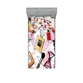 Ambesonne Fashion Fitted Sheet & Pillow Sham Set, Cosmetic and Makeup Theme Pattern Perfume Lipstick Nail Polish Brush Modern, Decorative Printed 2 Piece Bedding Decor Set, Twinxl, Coral White