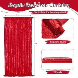 Party Backdrop Curtains 2 Pcs 5FTx10FT Red Sequin Backdrop Sparkly Glitter Fabric Backdrop Birthday Christmas Decorations