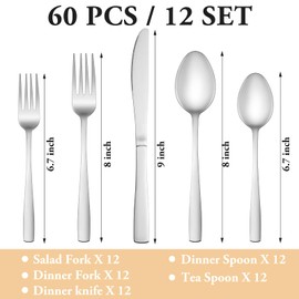 60 Piece Silverware Set Service for 12,Premium Stainless Steel Flatware Set,Mirror Polished Cutlery Utensil Sets,Durable Home Kitchen Eating Tableware Sets,Include Fork Knife Spoon,Dishwasher Safe