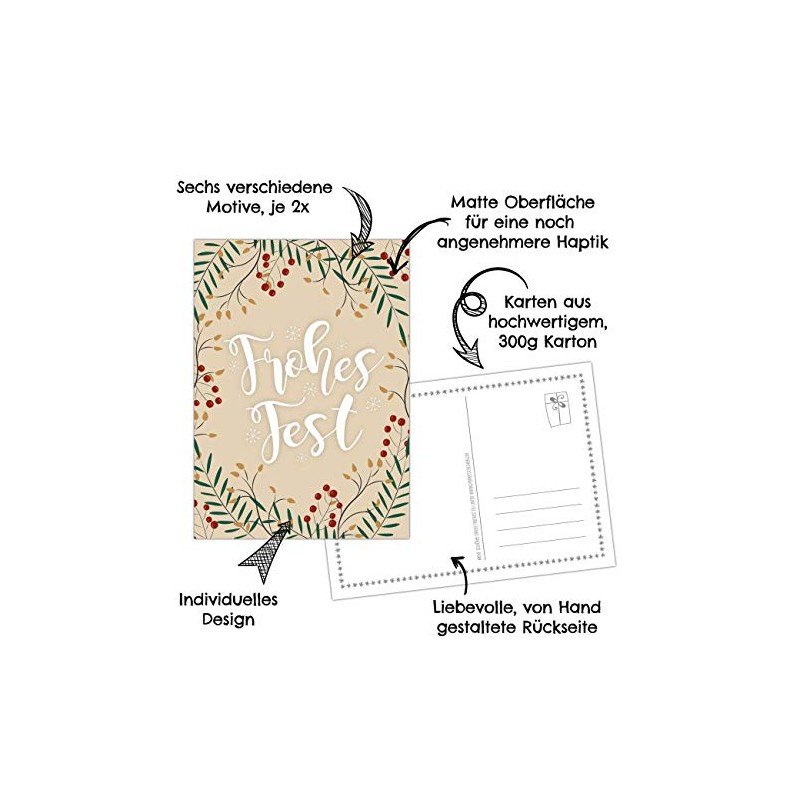 Set of 12 German-language Christmas cards, lovingly designed postcards for