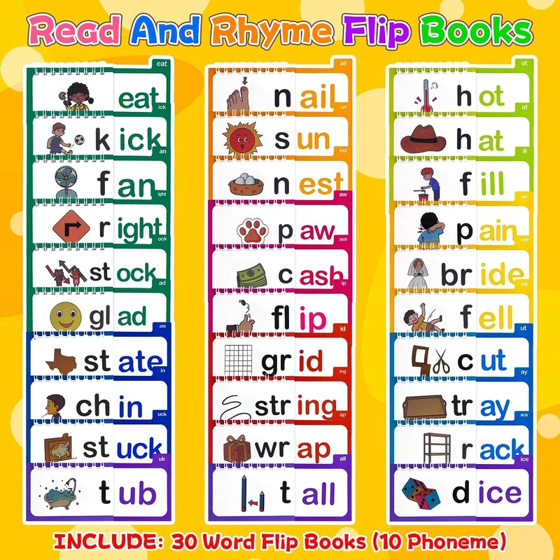 30 Read and Rhyme Flip Books, Phonics Flash Cards, Word