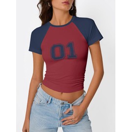 Imily Bela Cute Baby Tees Back to School Short Sleeve T Shirts Graphic Number Print Summer Crop Tops for Women 2025 Burgundy