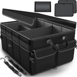 Timotech Organizador de Maletero Plegable con Tapa Extraíble, Organizador para Coche de Alta Resistencia con Base Rígida, Correas de Seguridad y Fondo Antideslizante para SUV y Sedán, Negro