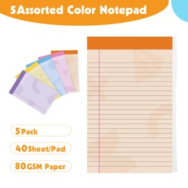 5 Pack Note Pad 5x8, 200 Sheets Colored Legal Pad Perforated Small Notepad College Ruled Writing Pad for School, Office, To-Do Lists Grocery List Shopping List, 40 Sheets