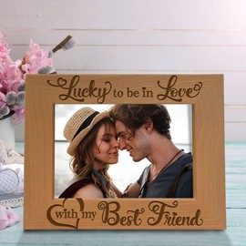 KATE POSH - Lucky to be in Love with my Best Friend Picture Frame - Engraved Natural Wood Photo Frame - Wedding Gifts, Engagement Gifts, Christmas Gifts, Valentine's Day Gifts (5x7-Horizontal)