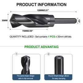 METALLIXITY Drill Bit (30mm), 1/2" Reduced Shank Round M2 High Speed Steel Bits 135-Degree Point Angle for Drilling Metal and Steel DIY Projects Nitriding Black
