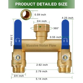 Hose Splitter 2 Way Heavy Duty, Full Flow Garden Hose Splitter with 2 Long Metal Handles, Brass Rust and Freeze Resistant Water Hose Bib Splitter, T Adapter Connector with 3/4 - Inch GHT Thread（Blue）