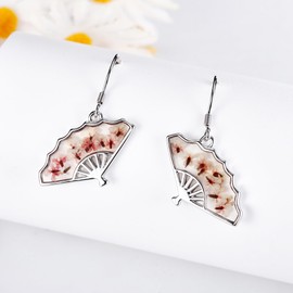 Fan Earrings Sterling Silver Fan Pressed Flower Drop Dangle Earrings Floral Jewellery Gifts for Women
