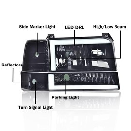 CHEDA LED DRL Headlights-1996 Ford Bronco F150/ 92-97 F250 F350 Super Duty Headlights w/Corner Signal Bumper Lamps 6pc(Smoky lens Black Housing Clear Reflector)