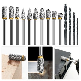 flintronic 14PCS Rotary Point Burr Set, 6mm Head Tungsten Steel Milling Cutter with 4 Multipurpose Drill Bits,3mm Shaft Double Cutter Carbide Burr for Woodworking Carving Engraving Drilling