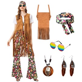 Joellfuner Hippie Costume Women's Set, 60s 70s Costume Women's Hippie Clothing with Accessories, Fancy Dress Costume Hippie Theme Party Disco Outfit for Carnival Cosplay Party Dress Up