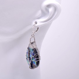 Tree of Life Hand Wrapped Iridescent Abalone Shell Teardrop Earrings for Women, Silver Wired Lever Backs
