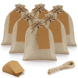 25PCS Burlap Gift Bags With Drawstring, 6.7X9.1" Small Party Favor Gift Bags + Bonus Gift Tags & String, Gift Bags Small Size for Party, Jewelry Pouches, Christmas, Festival, Kids Birthday, Coffee, DIY Craft Bags