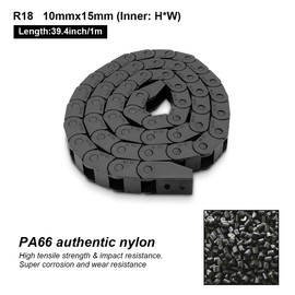 LMioEtool R18 10mm x 15mm(Inner H x Inner W) Black Plastic Cable Wire Carrier Drag Chain 1M Length for CNC, with End Connectors - Bridge Type (Non-openable)