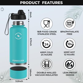 FINECLICK Insulated Water Bottle - 32oz - Leak Proof, Vacuum Insulated, Stainless Steel - For sports, Gym, Office etc - BPA-Free - Keeps Your Drinks Cold for 24H and Hot for 12H (Green Cyan)