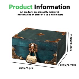 Wooden Treasure Chest: 15 x 12 x 7.2 cm Small Treasure Chest with Combination Lock, Vintage Wooden Treasure Chest Wooden Chest Treasure Chest, Small Wooden Chest with Lid for Storage and Decorating