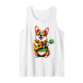 Hawaiian Corgi Dog & Pineapple Ukulele Summer Vacation Tank Top