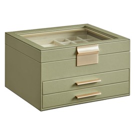 SONGMICS Jewelry Box with Glass Lid, 3-Layer Jewelry Organizer, 2 Drawers, for Big and Small Jewelry, Jewelry Storage, Christmas Gift, 8 x 9.1 x 5.3 Inches, Avocado Green and Gold Color UJBC239C02