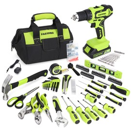 FASTPRO 232-Piece Home Tool Set with Drill, 20V Cordless Drill Driver, Household Repairing Tool Kit with Drill, 12-Inch Wide Mouth Storage Tool Bag Included, Green