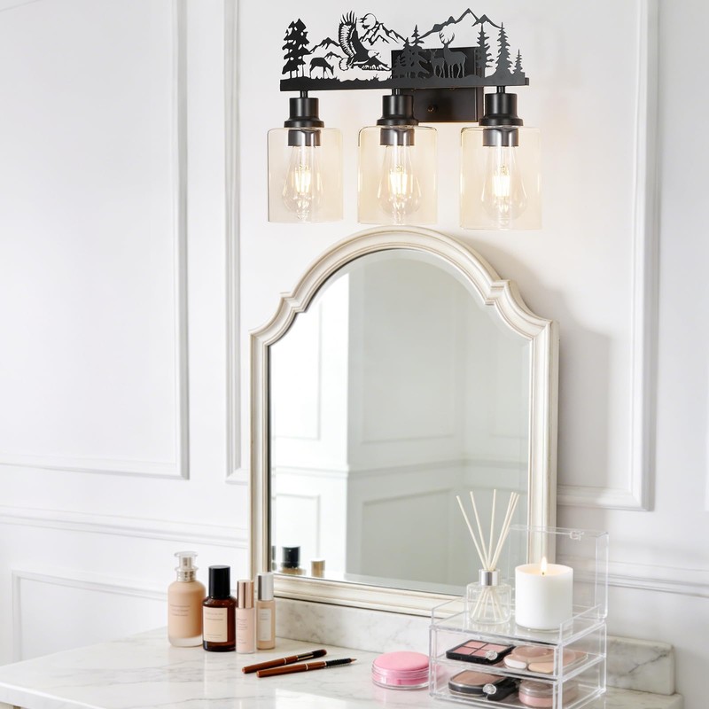 MLGB Rustic Farmhouse Bathroom Vanity Light, 3-Light Deer & Forest