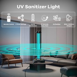 ZETAWALE UV Light Sanitizer, 100W Ultraviolet Lamp with Remote Control for Bed Bugs and Dust Mites, Home Disinfection Device UV Lamp with Motion Sensor,3 Speed Timings for Home, Room & Kitchen