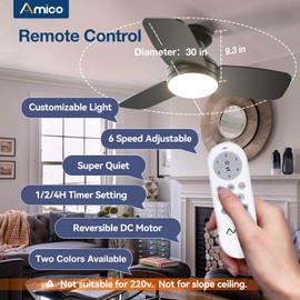 Amico Ceiling Fans with Lights, 30 inch Low Profile Ceiling Fan with Light and Remote Control, Flush Mount, Reversible, 3CCT, Dimmable, Noiseless, Black Ceiling Fan for Bedroom, Indoor/Outdoor Use