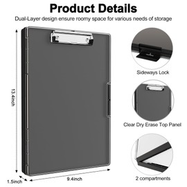 Piasoenc Clipboard with Storage, 8.5 x 11 Clip Boards with 2 Storage Case and A4 Paper Folder, Clear Dry Erase Top Panel, Heavy Duty Plastic, Folio & Side Opening, for Nurses, Teachers, Lawers,Black