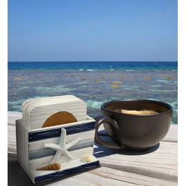 Puzzled Nautical Light Blue Stripes Wood Drink Coasters, 4" Seashells Holder Protects Furniture from Water Stains Marks Scratches for Cold Drinks Wine Glasses Mugs Cups - Beach Theme Bar & Home Accent