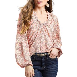 Dokotoo Womens Tops Long Sleeve Fall Shirts V Neck Floral Pullover Tops Fall Clothes for Women 2024 Ladies Ruffle Shirts Cute Tops for Women Orange X-Large