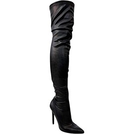 Liliana DB54 Women Suede Pointy Toe Thigh High Single Sole Stiletto Boot (Black PU, numeric_9)
