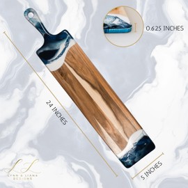 Lynn & Liana Baguette Acacia Cheese Board | Wood Resin Cutting Board | Luxury Charcuterie Board for Serving | Handmade Cutting Board | 5 In x 24 In - Navy White Metallic