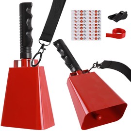 cyrico Cow Bells for Sporting Events, 2 Pack 10 Inch Cowbell with Handle, Metal Loud Noise Makers for Football Games, Large Red Cheering Hand Bell Chimes Alarm School Musical Percussion Instruments