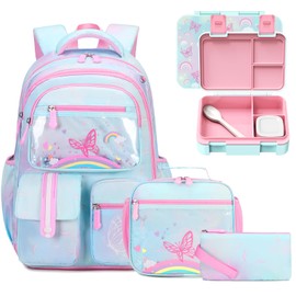 ACESAK Kids School Backpack for Girls, Rainbow Bookbag Backpack with 43OZ Bento Lunch Box, Lunch Bag for Girls Kids Teens Elementary Middle School Student, Girl Backpacks for Schools (4pcs Bento Box)