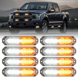 PKINGLAKE 8Pcs Amber White Surface Mount Emergency Strobe Lights for Trucks, Ultra Slim Grille Warning Flashing Light Bar for Vehicles/Car