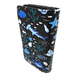 Shag Wear Shark Pattern Large Beach Wallet for Women and Teen Girls Vegan Faux Leather Black 7"