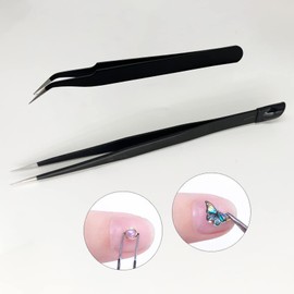 2 PCS Nail Art Tweezers, Straight and Curved Tip Picker Pointed Tweezer
