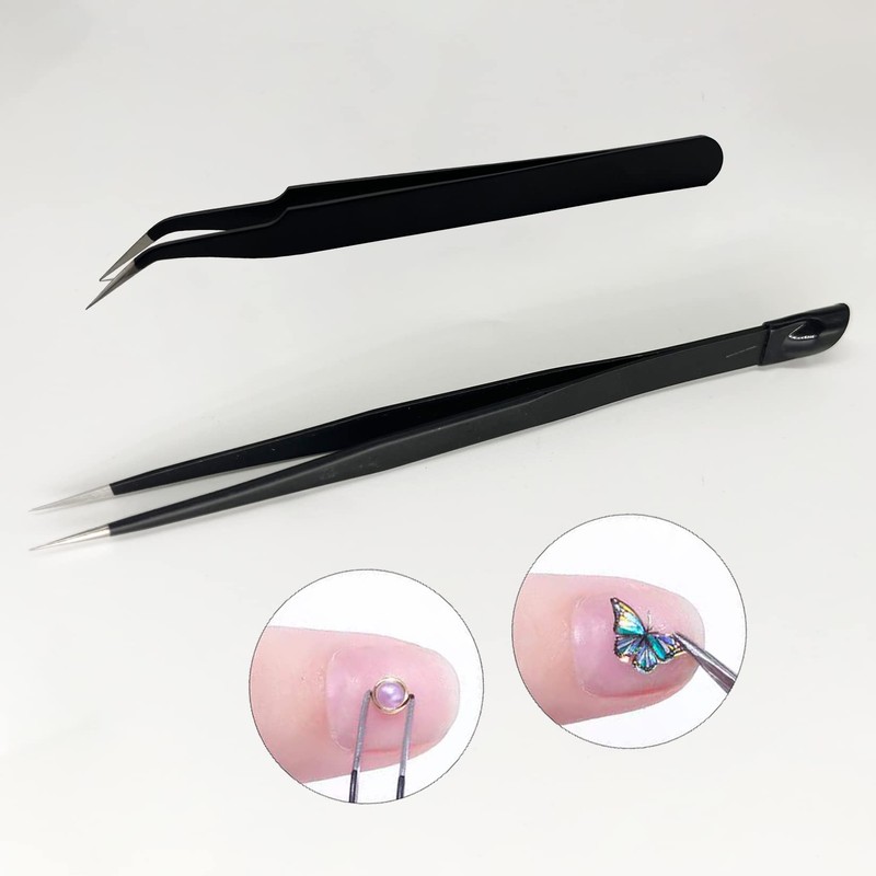 2 PCS Nail Art Tweezers, Straight and Curved Tip Picker