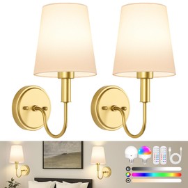 Odnora Wireless Rechargeable Wall Sconce, Battery Operated Wall Lights with Remote, Wall Lamps with Dimmable RGB LED Bulbs, No Wiring Gold Sconces Wall Decor Set of 2 for Bedroom Living Room Hallway